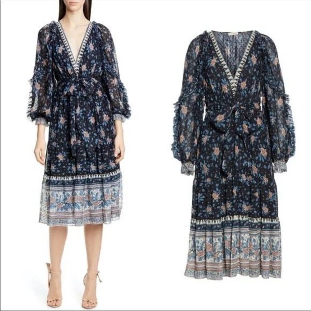 Ulla Johnson Blue Midi Dress with V-Neck and Bishop Sleeves